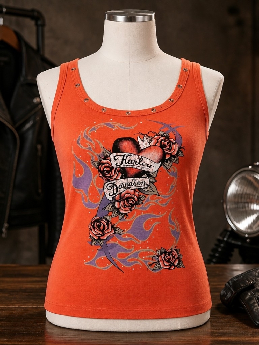 Harley-Davidson Women's size M Orange Tank with Purple Flame & Rose Graphic